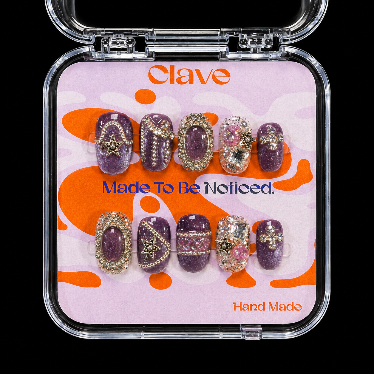 Nakładane paznokcie handmade Amethyst Royal – fioletowe z złotymi zdobieniami, gwiazdkami i kryształami 3D, zestaw 10 szt. w pudełku Clave
