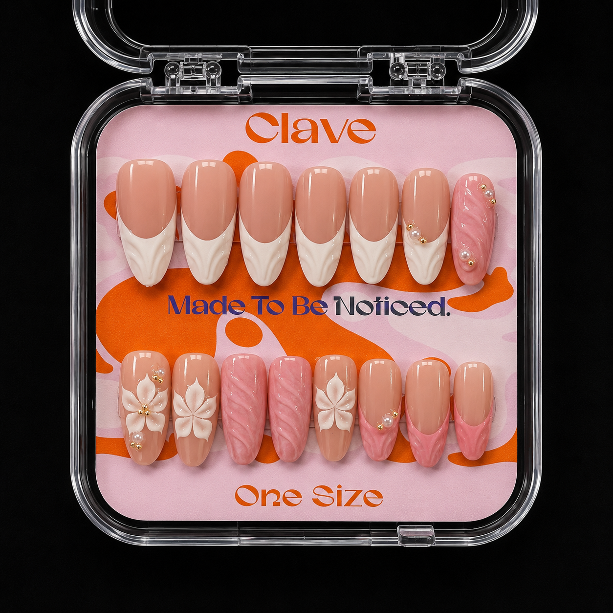 Nakładane paznokcie handmade Pink Blossom – nude french z różowymi kwiatkami 3D, perłami i teksturowanym wzorem, zestaw 24 szt. w pudełku Clave